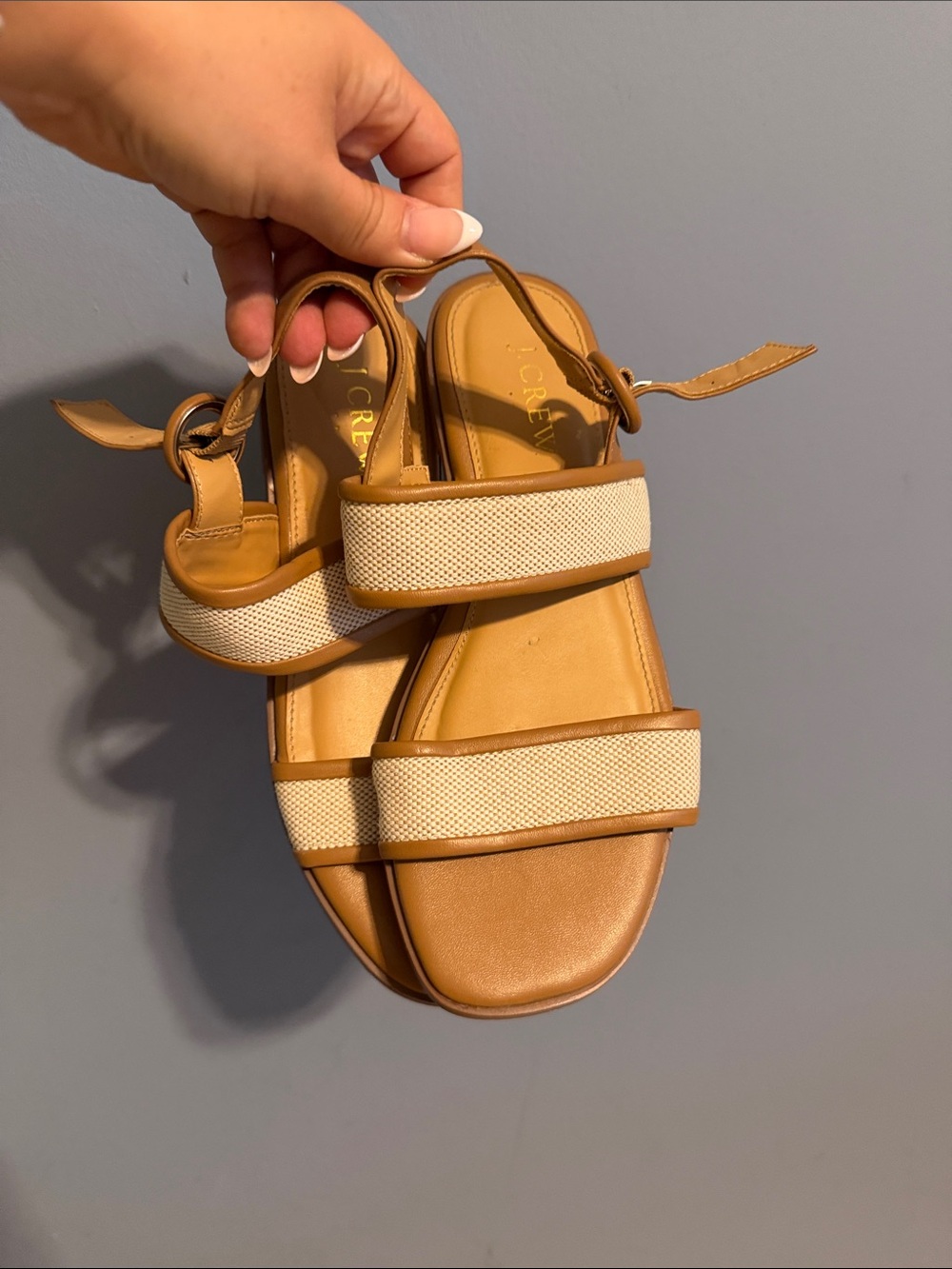 J. Crew Tan Leather Sandals with Ivory Canvas Straps - size 6